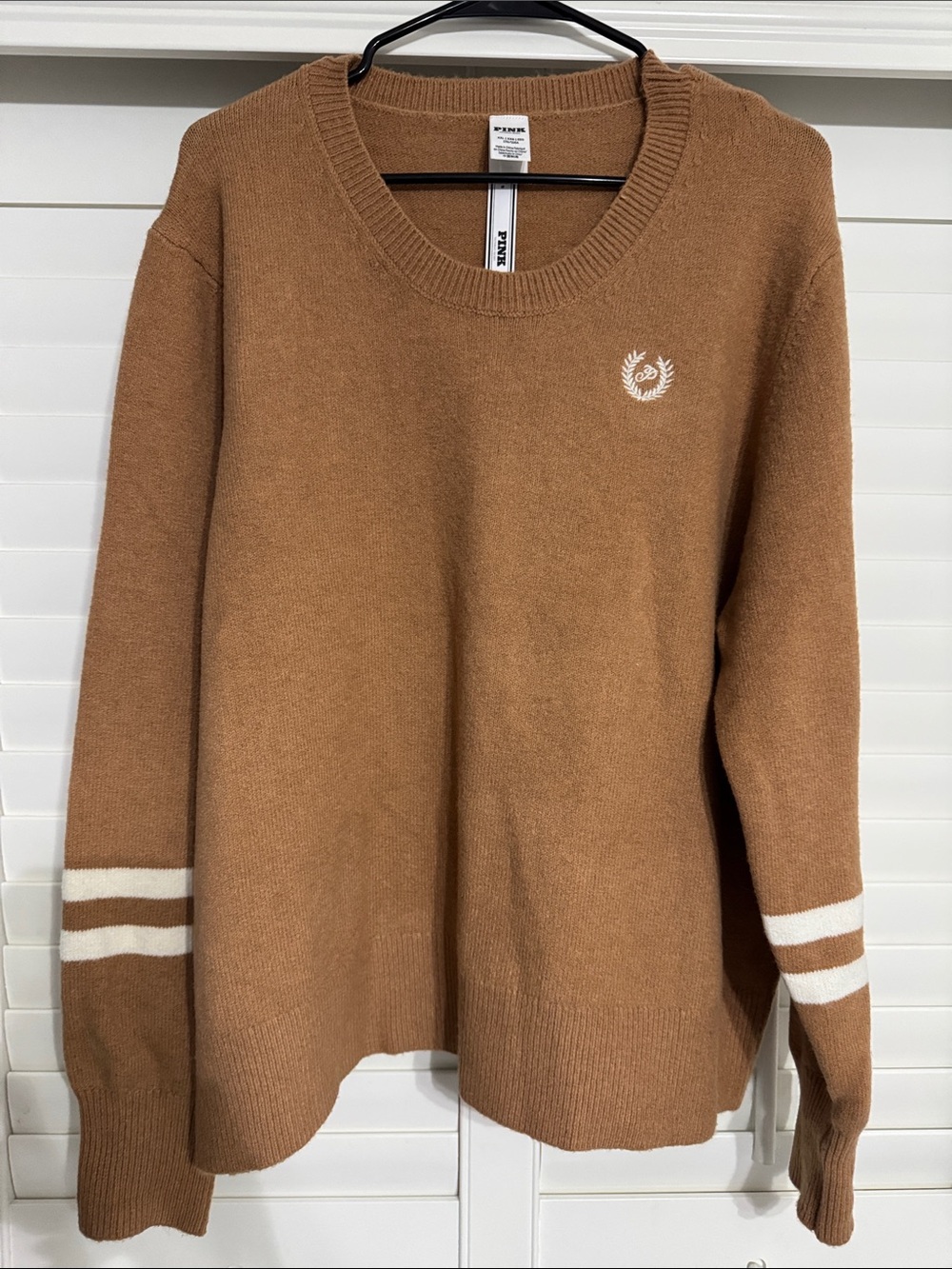 Pink Casual Crewneck Sweater in Camel with White Stripe Details